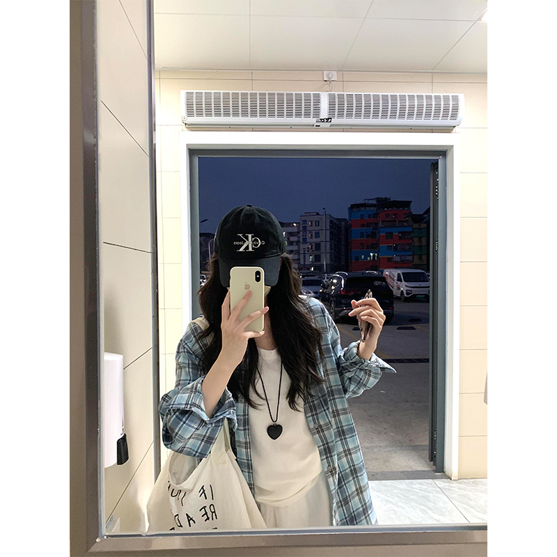 美式复古蓝色格子衬衫女2025新款宽松休闲慵懒风长袖防晒衬衣外套