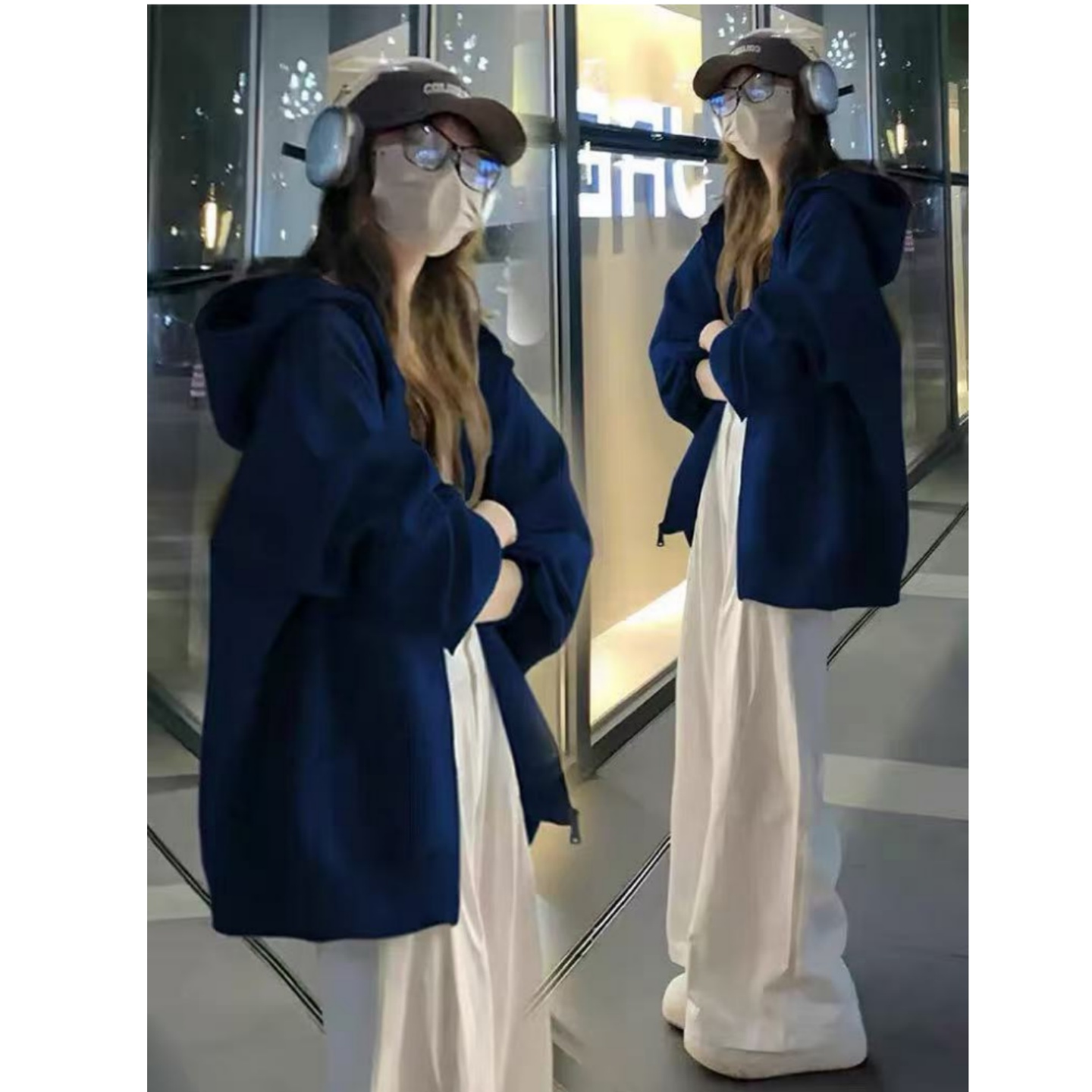 连帽卫衣拉链外套女开衫早春2025新款藏蓝色秋冬加绒加厚宽松上衣