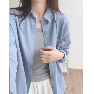 韩系高级蓝色纯棉衬衫女早秋慵懒风宽松休闲气质秋冬叠穿衬衣外套