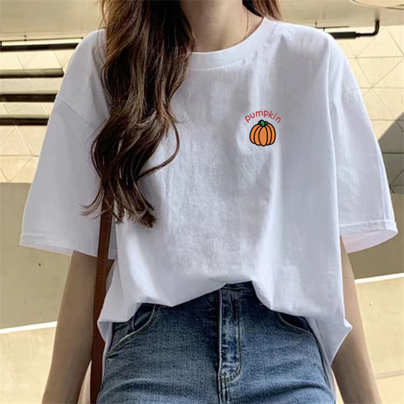 100%棉夏季纯棉白色短袖t恤女韩版宽松圆领印花半袖学生体恤上衣