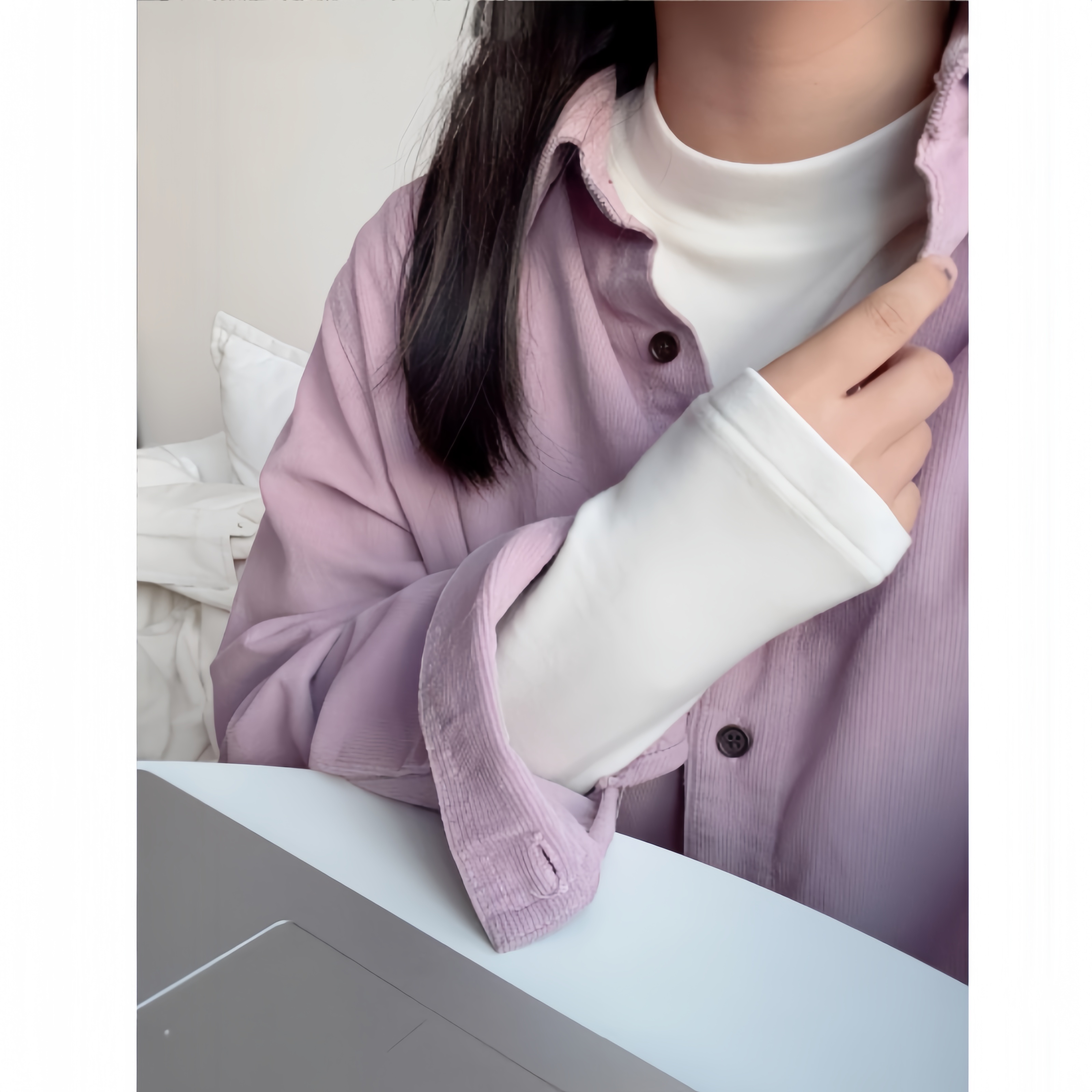 灯芯绒浅紫POLO领长袖衬衫女