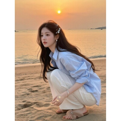 纯棉蓝色韩系显瘦长袖衬衫女