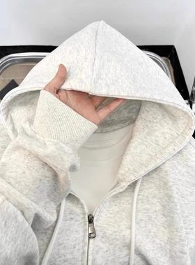 燕麦灰色卫衣外套秋冬连帽慵懒风宽松纯棉美式重磅小个子开衫上衣