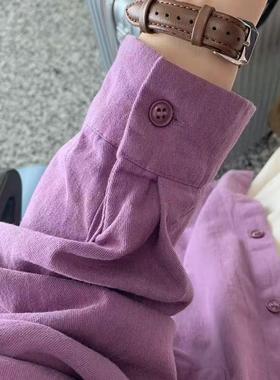 100%棉紫色复古春秋衬衫女内搭打底宽松休闲显瘦长袖衬衣防晒外套