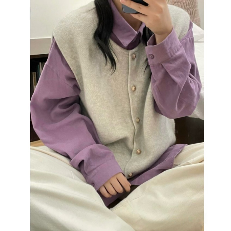 超显白衬衫芋泥紫色搭配针织马甲