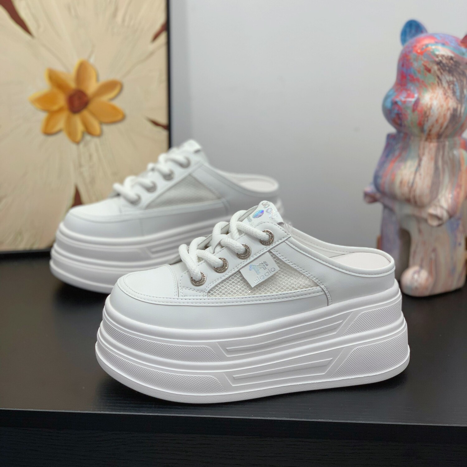 包头真皮小白鞋女内增高8CM松糕厚底鞋2026夏新款透气系带半拖鞋