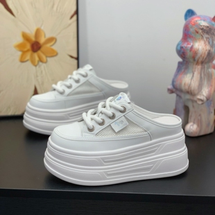 包头真皮小白鞋女内增高8CM松糕厚底鞋2026夏新款透气系带半拖鞋