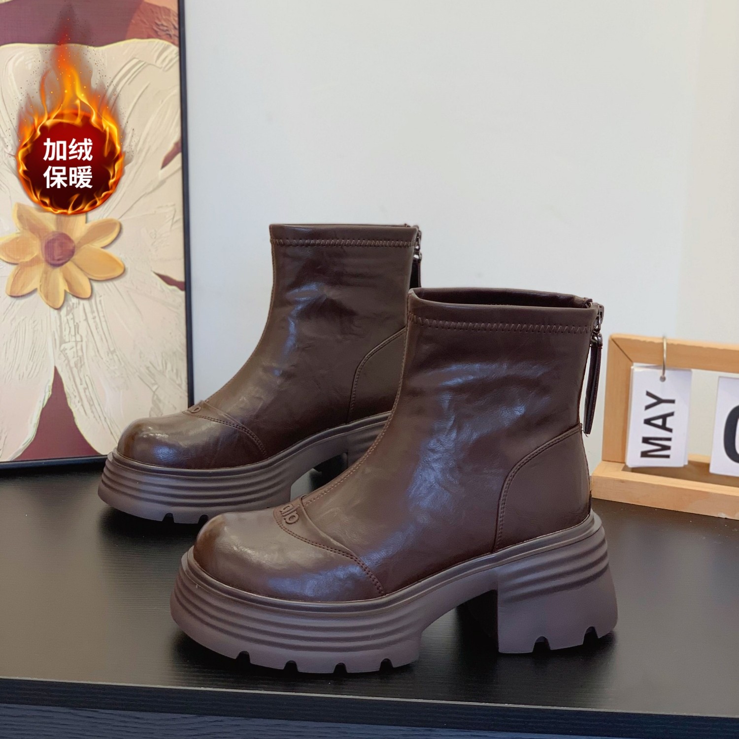 粗跟6CM厚底马丁靴女2025冬季加绒大头短靴英伦风复百搭瘦瘦靴,女鞋,马丁靴,淘宝优惠券,粉丝福利购,淘宝优惠卷