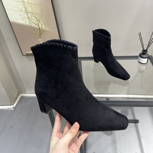 配裙子方头粗跟短靴女2025新款秋季单靴复古百搭绒面弹力瘦瘦靴子