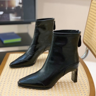 6CM粗跟马丁靴女2025秋冬新款复古英伦弹力瘦瘦靴配裙子高跟短靴