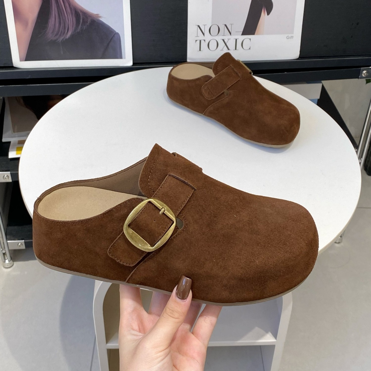 内增高真皮勃肯鞋女2026春秋新款小个子复古无后跟外穿包头半拖鞋