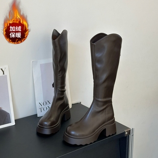 加绒长靴子女长筒靴2025新款秋冬小个子增高6cm不过膝高筒骑士靴