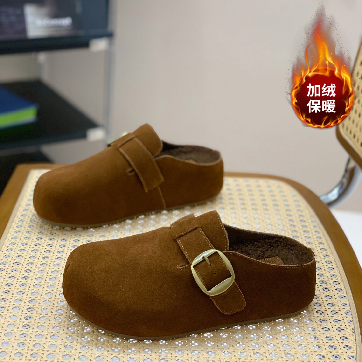 内增高加绒勃肯包头拖小个子女2025冬季保暖显脚小时尚休闲半拖鞋