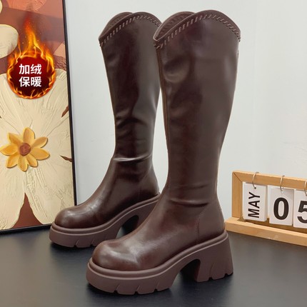 小个子增高7CM爆款骑士靴女2025冬季加绒粗跟V口瘦瘦靴不过膝长靴