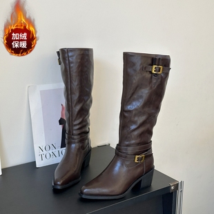 小个子粗跟长筒靴女2025冬季 复古加绒骑士靴显脚小不过膝长靴 新款
