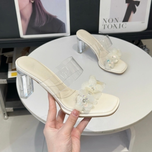 配裙子透明水晶跟一字拖女夏外穿2026新款 粗跟7cm高跟方头凉拖鞋