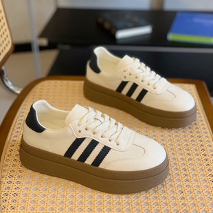 百搭系带复古显脚小休闲运动小白鞋 新款 女2025秋季 真皮厚底德训鞋