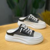 包头拖 网面透气凉鞋 真皮拼色懒人半拖鞋 女外穿厚底松糕半托小白鞋