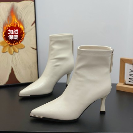 爆款时装靴防踢尖头细跟7CM高跟靴小个子女2025冬季加绒法式短靴