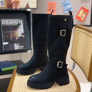 小个子女粗跟骑士靴2025冬季 超火复古高级感长靴显腿长炸街机车靴