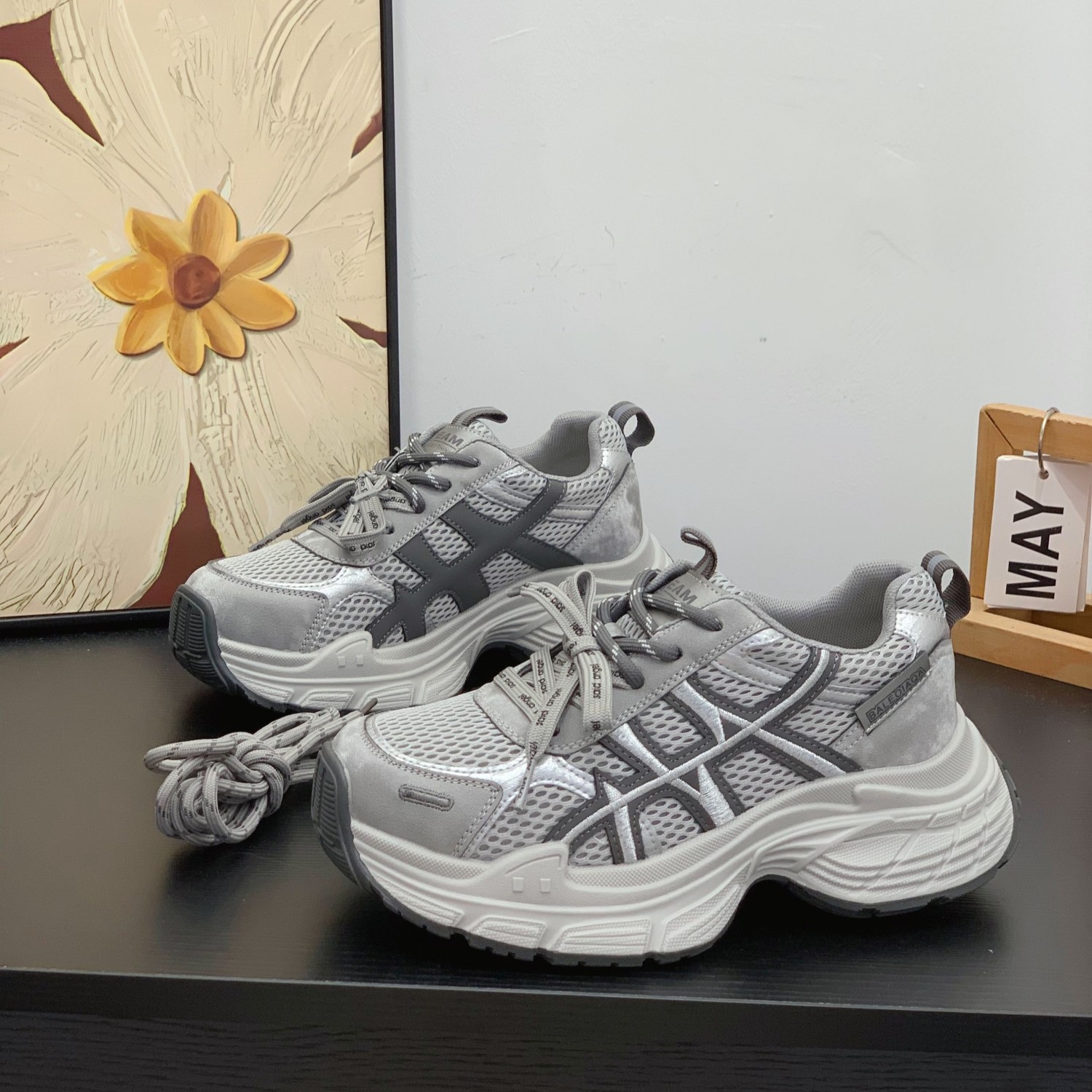 复古擦色高级感灰色老爹鞋女2026春秋新款厚底增高百搭真皮运动鞋