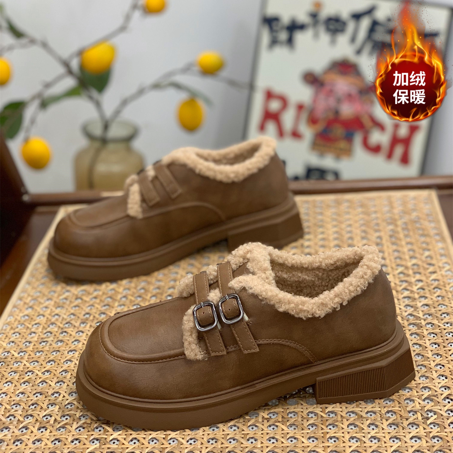 显脚小复古英伦风乐福鞋加绒棉鞋