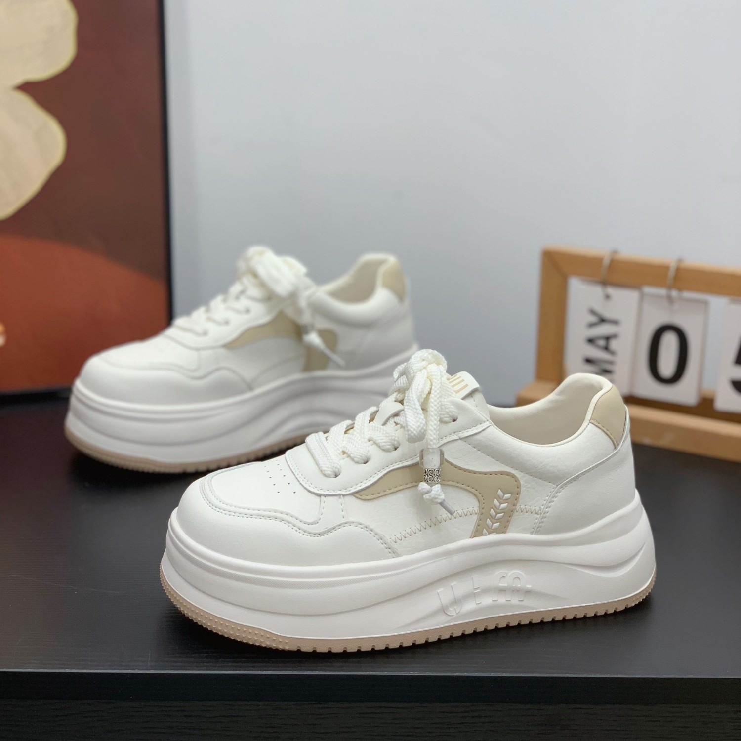 高级感串珠系带真皮小白鞋女2026春新款松糕厚底增高显瘦休闲板鞋,女鞋,休闲板鞋,淘宝优惠券,粉丝福利购,淘宝优惠卷