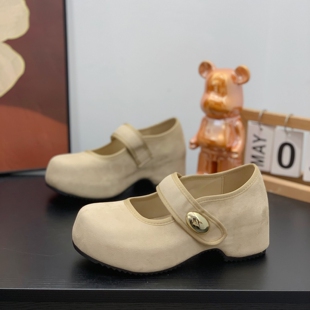 内增高魔术贴一字带玛丽珍鞋女2026春新款丑萌大头浅口绒面勃肯鞋