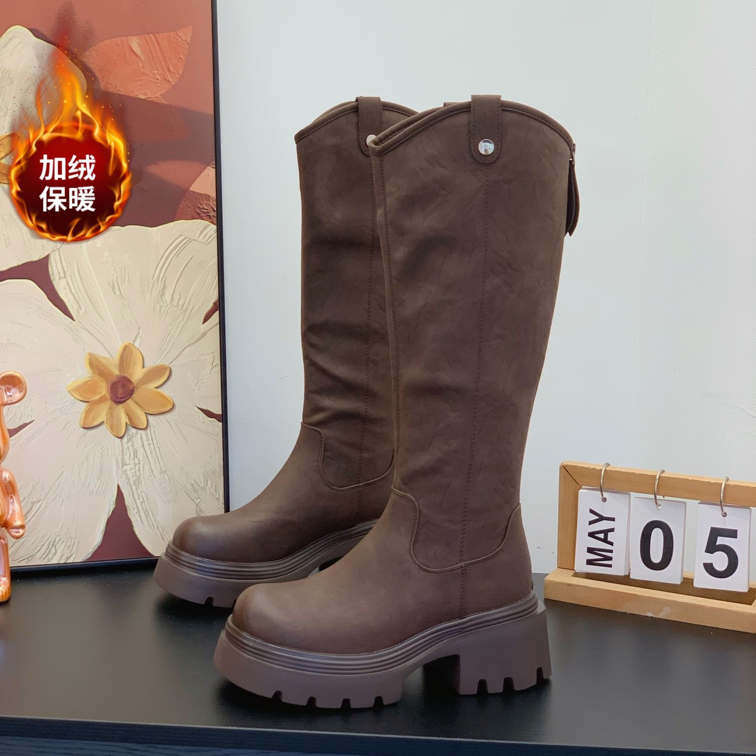 复古百搭长筒瘦瘦靴女2025冬季加绒粗跟6CM小个子显腿长骑士靴子,女鞋,骑士靴,淘宝优惠券,粉丝福利购,淘宝优惠卷