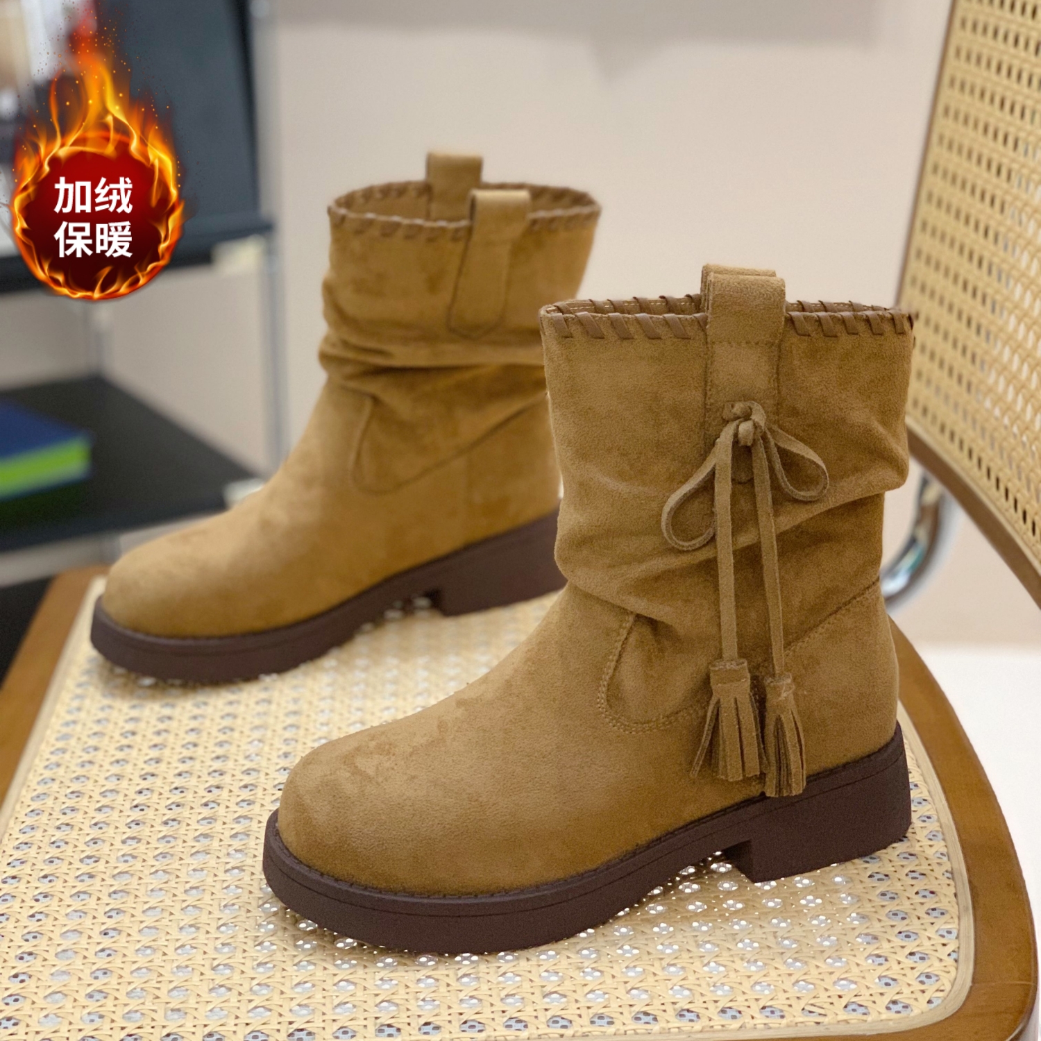 潮流磨砂绒面套筒圆头复古西部靴