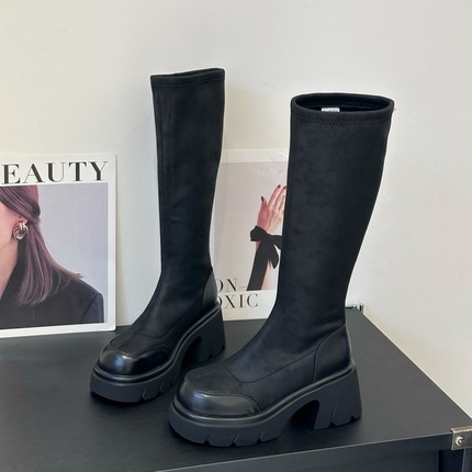 7CM粗跟长筒瘦瘦弹力靴女2025秋冬爆款小个子马丁靴复古套筒袜靴