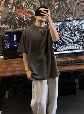 bboy 230克 轻薄嘻哈hiphop复古纯色t恤 西海岸小领口纯色短袖