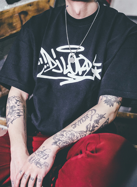 bboy大码嘻哈美式old school重磅poppin滑板街舞简约小领口短袖t