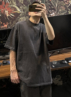 bboy宽松嘻哈街头水洗做旧炒色复古重磅hiphop加厚小领口短袖