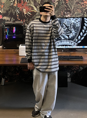 bboy 320克粗棉宽松嘻哈hiphop纯色重磅加厚长袖条纹打底