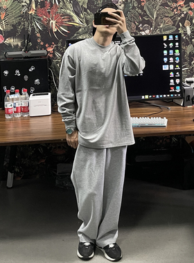 bboy 300克粗棉宽松嘻哈hiphop复古重磅粗纹理加厚长袖纯色打底