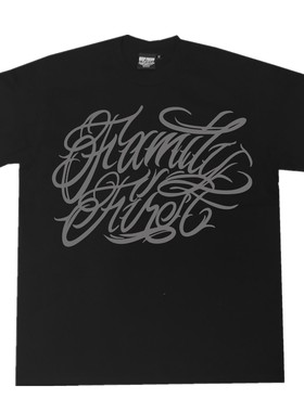 bboy宽松西海岸old school短袖 重磅hiphop美式小领口花体字t恤