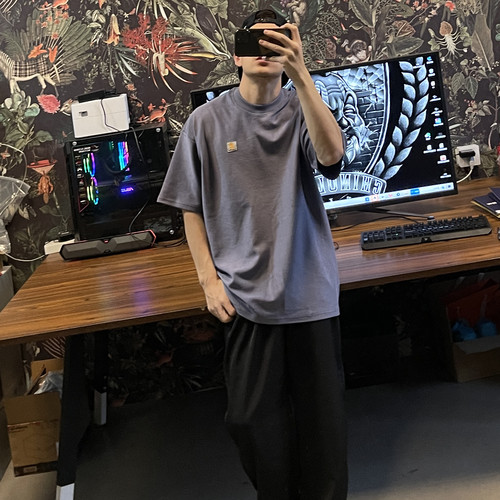 短袖肌理感小领口复古纯色短袖
