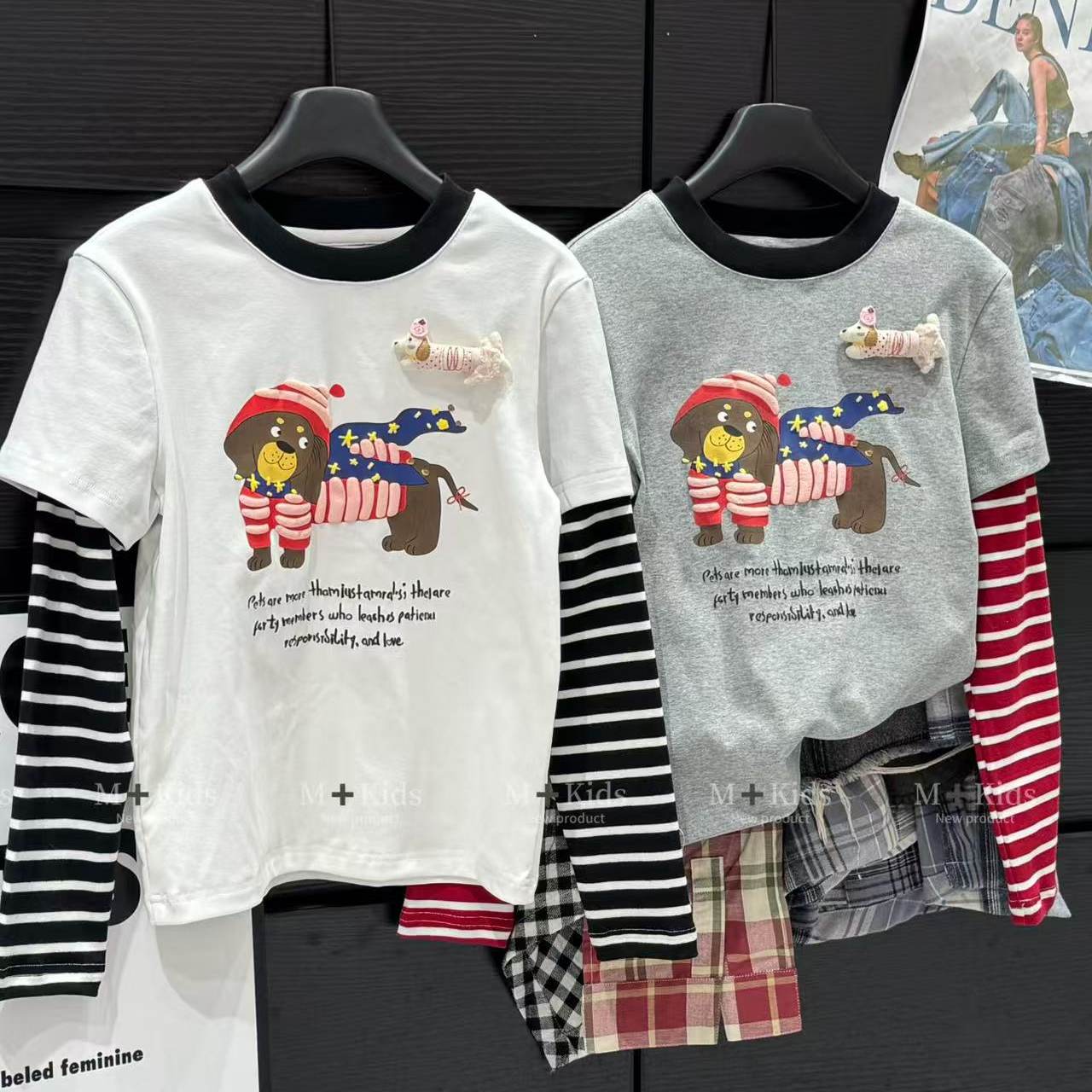 2026春款女童条纹拼接袖全棉T恤