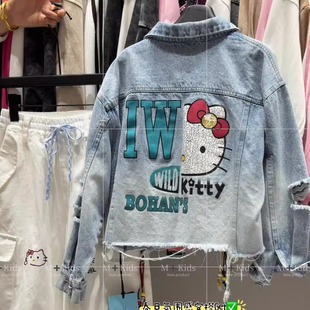 破洞洋气牛仔衣外套潮酷 女童拼接kitty猫短款 炸街 2026童装 春款