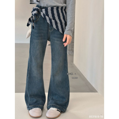 韩国童装女童冬季屁帘喇叭裤蓝色加绒加厚牛仔裤子拖地裤柔软洋气