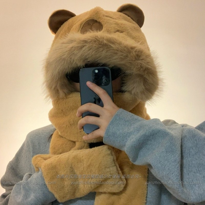 卡皮巴拉毛绒帽子围巾手套三合一秋冬加厚保暖百搭连帽围脖三件套,服饰配件/皮带/帽子/围巾,三件套,淘宝优惠券,粉丝福利购,淘宝优惠卷