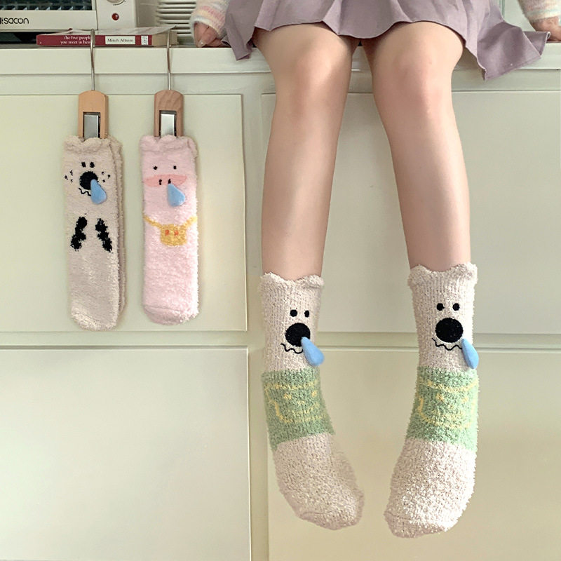 可爱emo小狗保暖袜珊瑚绒加厚