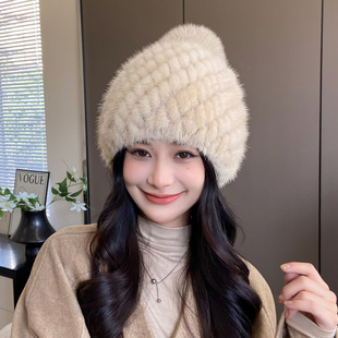 水貂毛帽子女秋冬季韩版保暖护耳针织毛线帽加厚水貂皮皮草套头帽