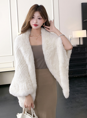 兔毛皮草披肩女秋冬季保暖时尚名媛气质风上衣外套编织披风斗篷