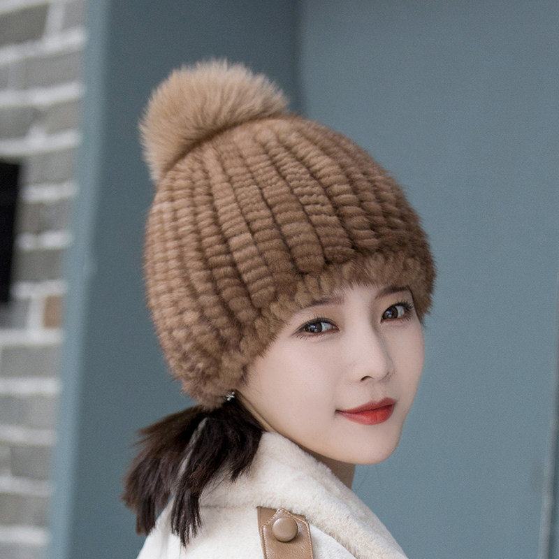 水貂毛帽子女秋冬季新款韩版貂绒保暖狐狸毛球妈妈时尚套头帽皮草