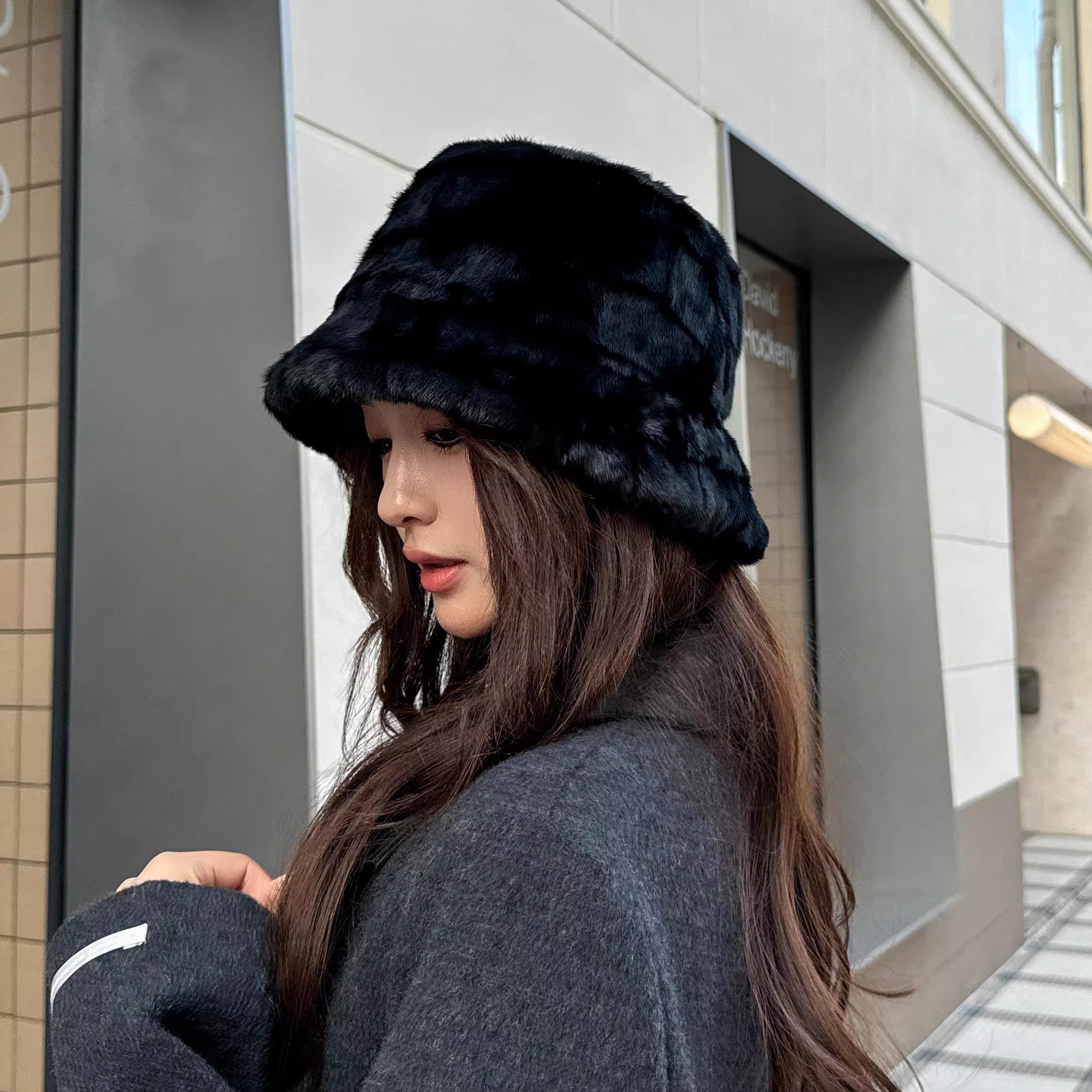 水貂毛帽子女冬季气质韩版渔夫帽貂皮皮草保暖黑色显脸小水桶盆帽