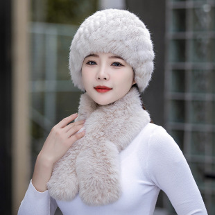雪兔毛帽子女秋冬季新款保暖皮草护耳帽时尚中老年妈妈帽围巾套装