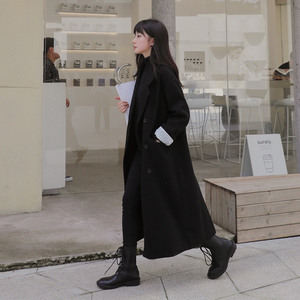 赫本风韩版宽松黑色毛呢外套女中长款秋冬新款加厚过膝呢子大衣潮图片