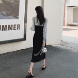 法式长袖假两件吊带连衣裙女春秋2025新款赫本风收腰气质黑色长裙，女装连衣裙，浙宝088